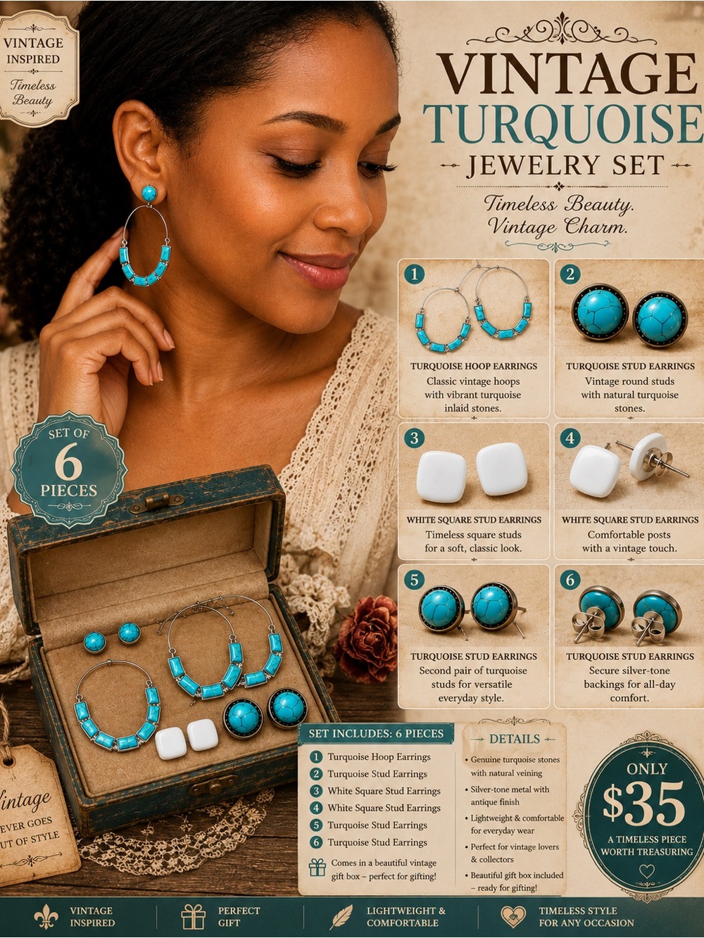 Vintage Turquoise 6-Piece Jewelry Set - Turquoise Earrings Collection